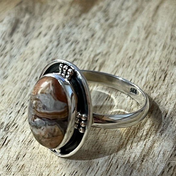 SOLID 925 STERLING SILVER MEXICAN LAGUNA LACE AGATE GEMSTONE RING SIZE 8.5 - Picture 4 of 9
